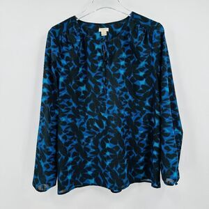 J. Crew Sz Medium Blue & Black Printed Tie Neck Long Sleeve Sheer Popover Blouse